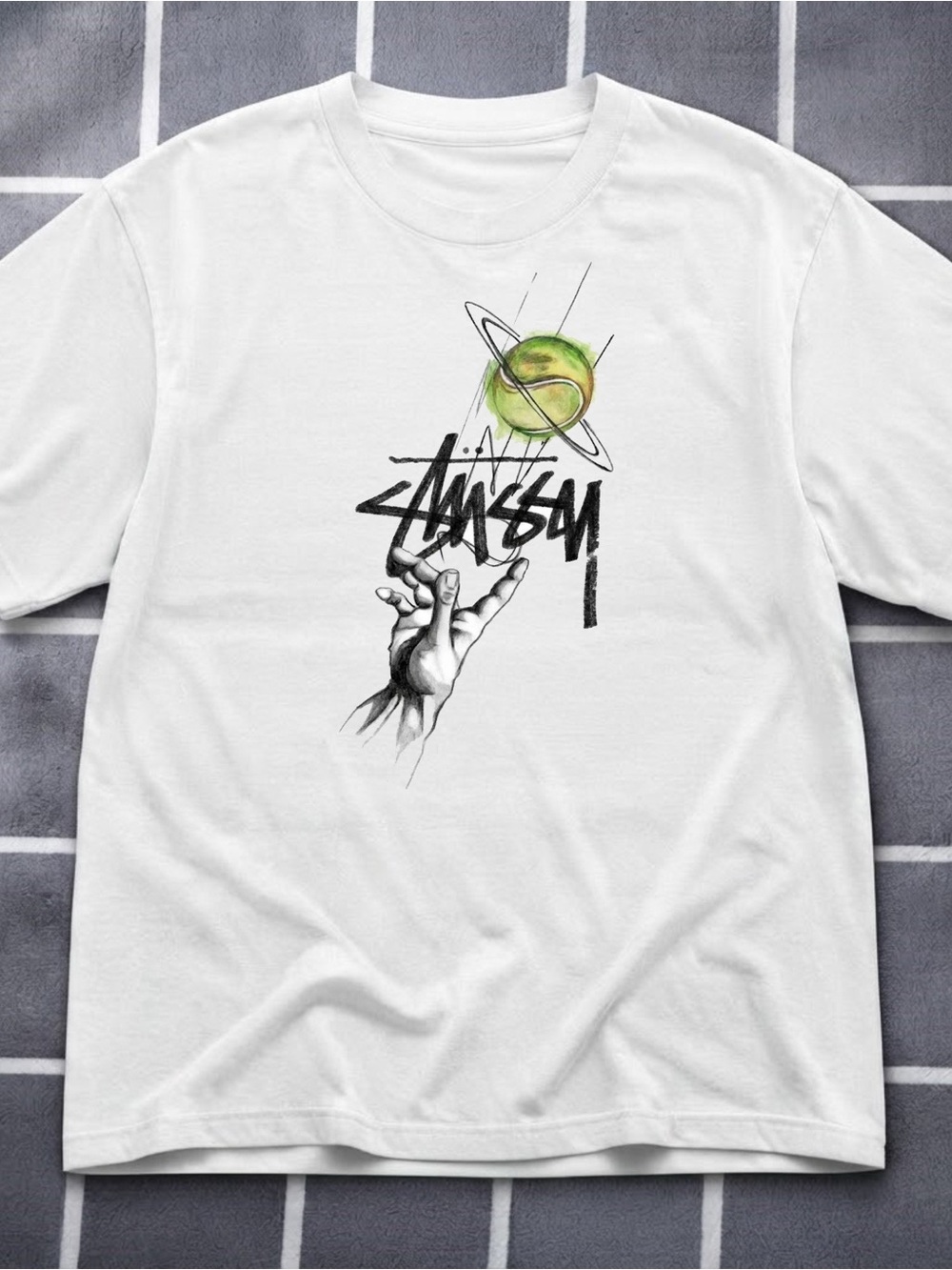 Gildan Stussy White Short-Sleeve Tee with Black Script and Green Planet Graphic